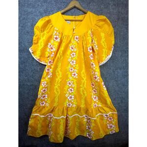 Vintage Carol Bennett Hawaiian Dress Large Yellow Dopamine Muumuu Sunshine 60s